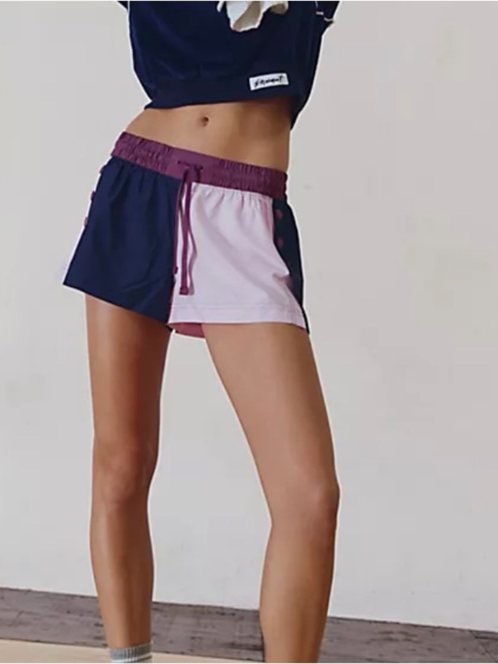 Free People Navy and Light Pink Colorblock Athletic Shorts with Plum Waistband